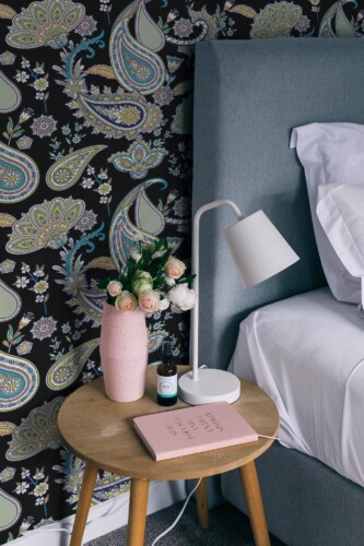 Rustic style bedroom decorated with Black paisley peel and stick wallpaper