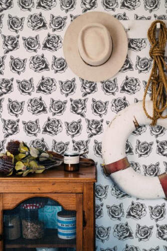 Coastal nautical style living room decorated with Black roses peel and stick wallpaper