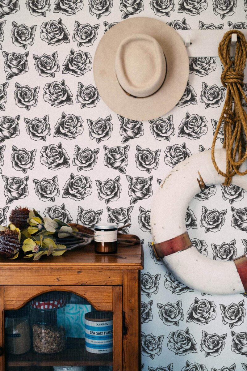 Coastal nautical style living room decorated with Black roses peel and stick wallpaper