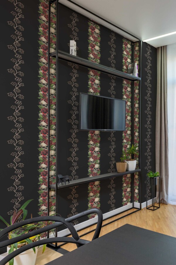 Floral Skull Stripes Wallpaper