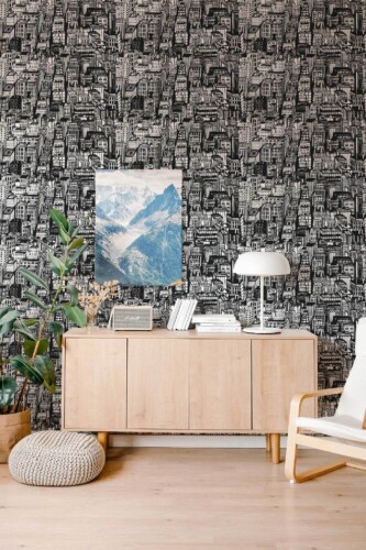 Scandinavian style living room decorated with Black town peel and stick wallpaper