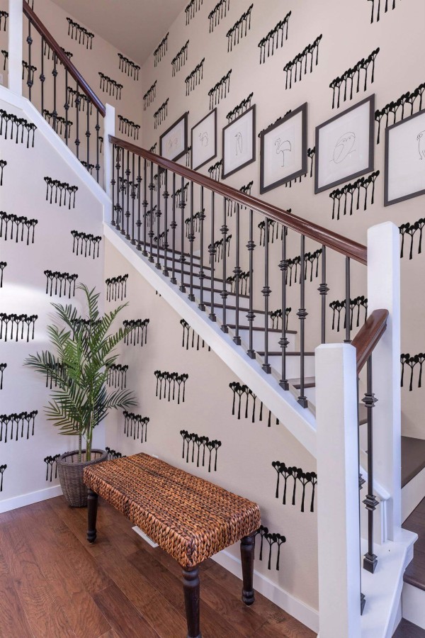 Rustic style entryway decorated with Black trees peel and stick wallpaper