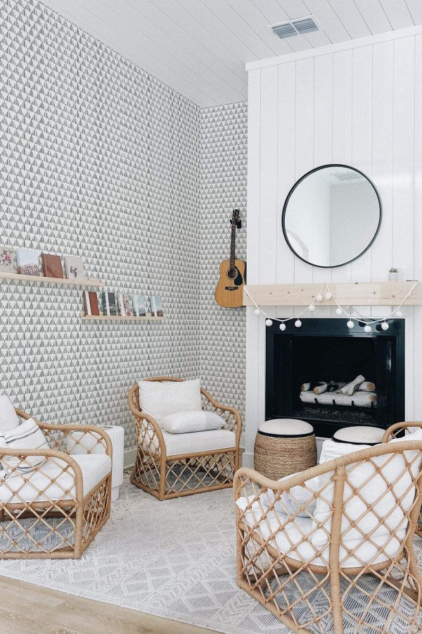 Minimal bohemian style living room decorated with Black triangles peel and stick wallpaper