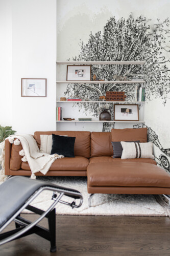 Vintage Black White Tree Wall Mural with a detailed tree and vintage car illustration on a washed-out background, perfect for living rooms, reading corners, or classic accent walls.