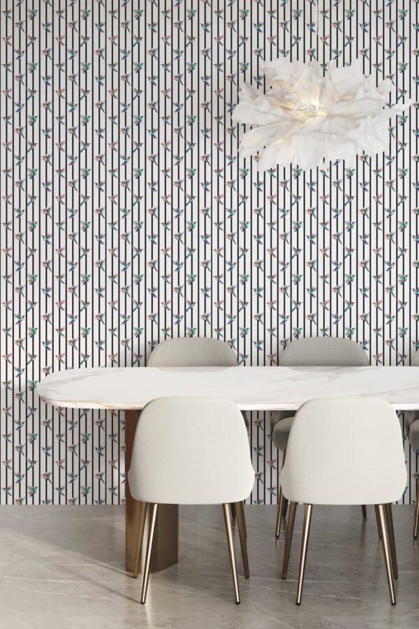 Fancy Walls wallpaper for walls with striped black and white bird pattern