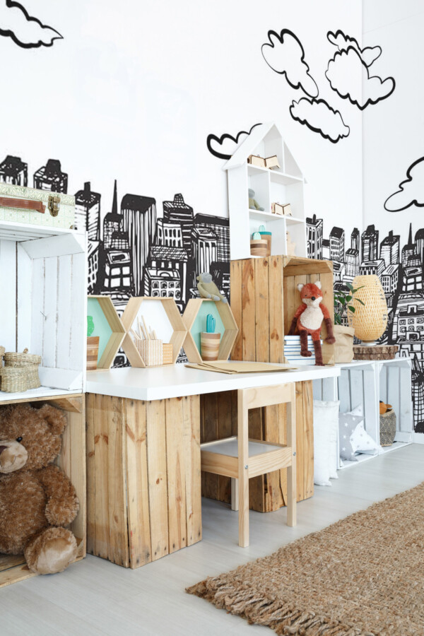Black and white East Urban Mural by Fancy Walls wall mural peel and stick