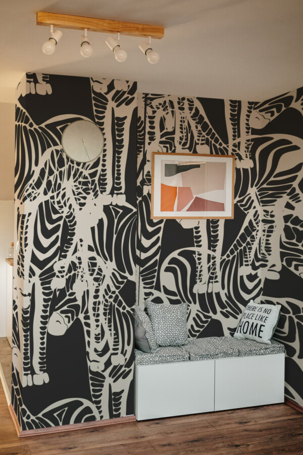 Abstract Zebras Wall Mural with repeating black and white zebra silhouettes in an abstract tropical style, ideal for living rooms, offices, or eclectic interiors.