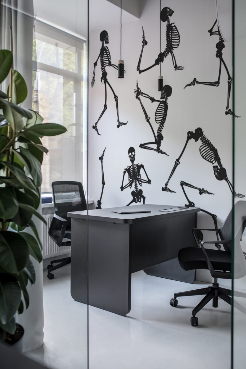 Skeleton Pose peel and stick or non-pasted wall mural. Fancy Walls removable self-adhesive or traditional novelty fun eco-friendly and PVC-free accent wall mural.