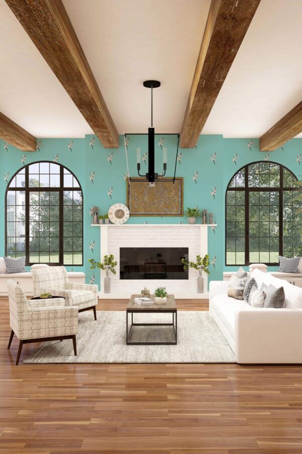 Light farmhouse style living room decorated with Blooming blossom peel and stick wallpaper