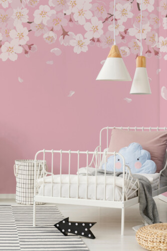 Cherry Blossom Wall Mural with delicate pink blossoms on a soft pink background, ideal for bedrooms, feminine interiors, or romantic accent walls.