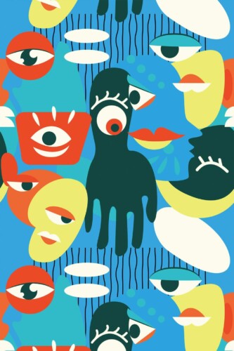 Pattern repeat of Blue Abstract Faces removable wallpaper design