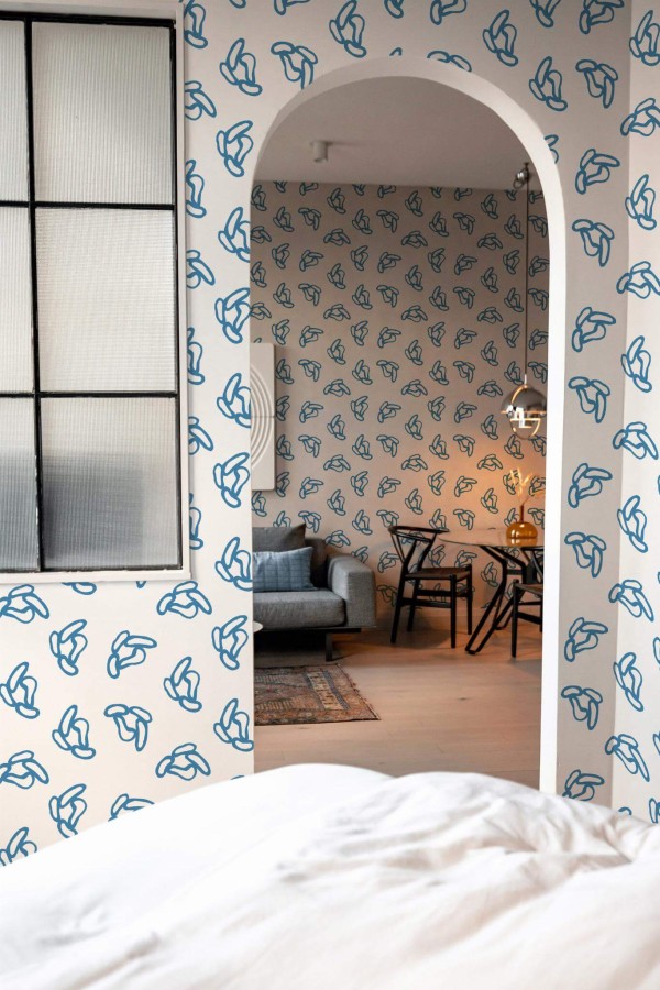Modern scandinavian style living room decorated with Blue abstract shapes peel and stick wallpaper