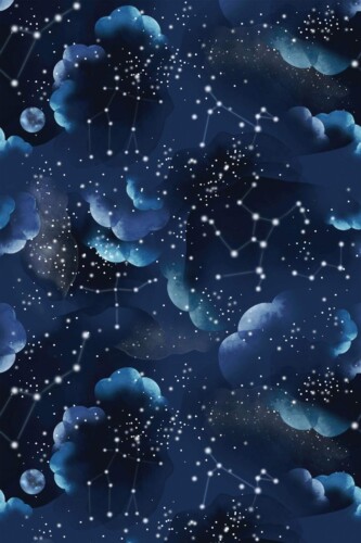 Blue aesthetic stars removable wallpaper in mid-century modern dining room