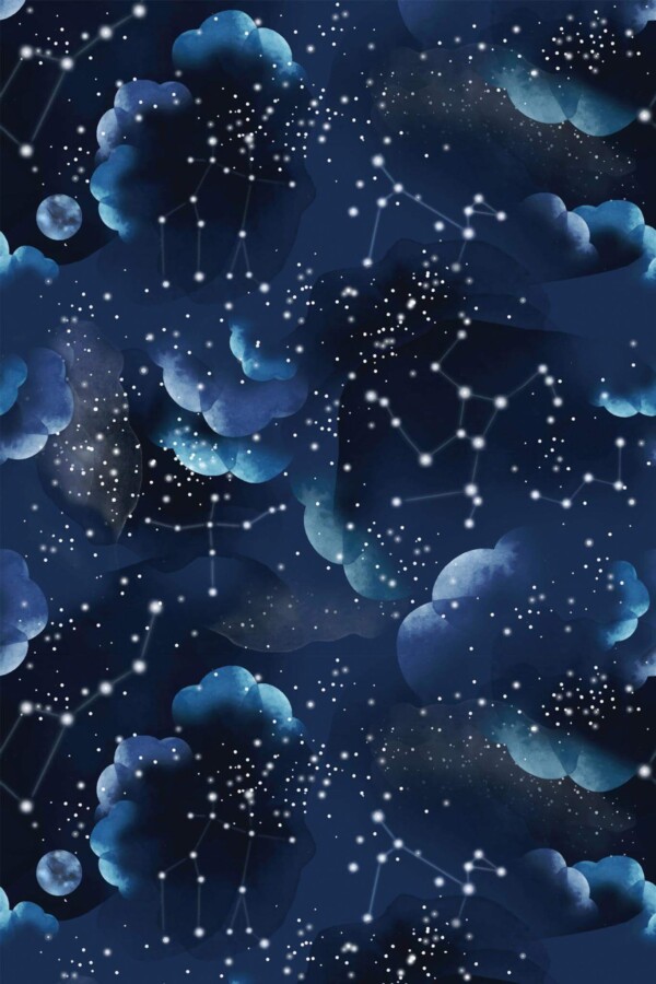 Blue aesthetic stars removable wallpaper in mid-century modern dining room