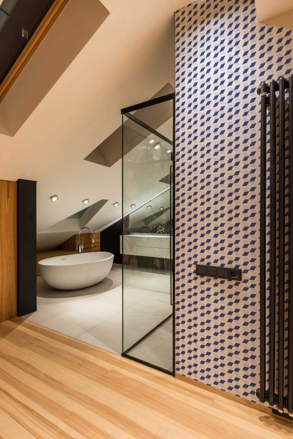 Industrial style bathroom decorated with Blue and gray cube peel and stick wallpaper