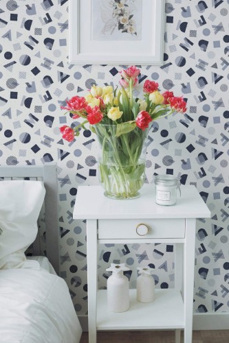 Farmhouse style bedroom decorated with Blue and gray letters peel and stick wallpaper