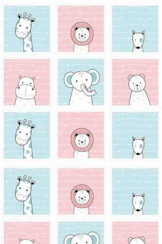 Pattern repeat of Blue and pink animal removable wallpaper design