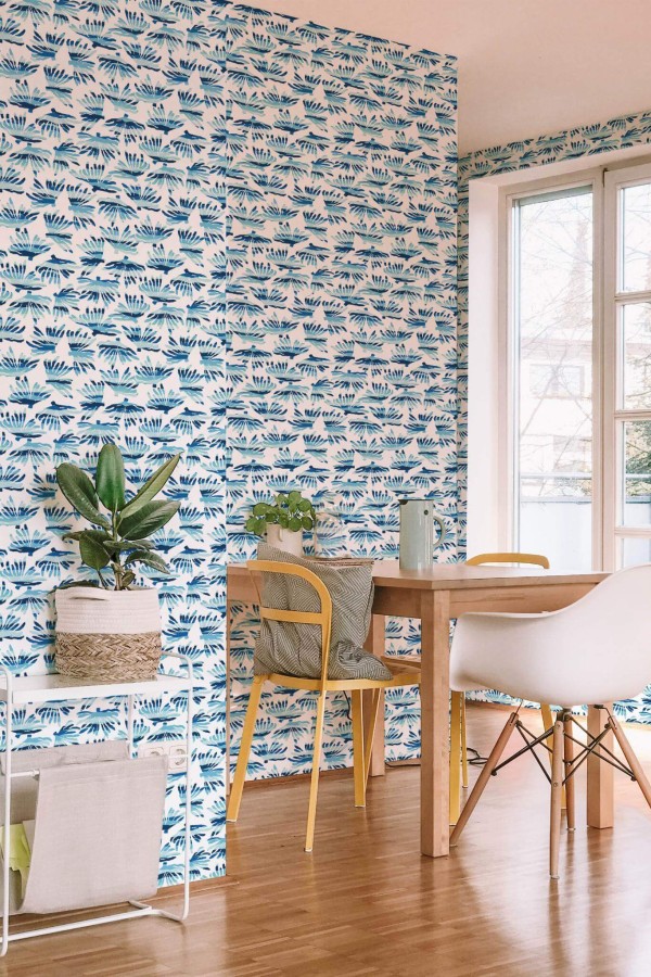 Minimal scandinavian style dining room decorated with Blue and white coral peel and stick wallpaper