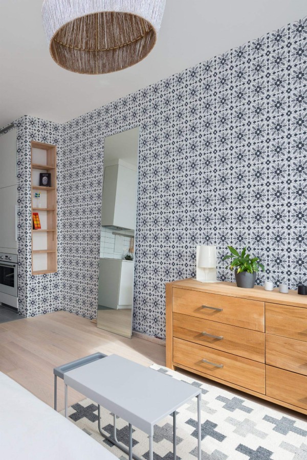 Scandinavian style small apartment decorated with Blue and white star tile peel and stick wallpaper