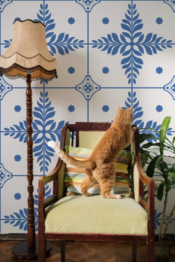 Victorian style living room with a cat decorated with Blue and white tiles peel and stick wallpaper