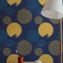 Minimal style bathroom decorated with Blue and yellow chinoiserie peel and stick wallpaper