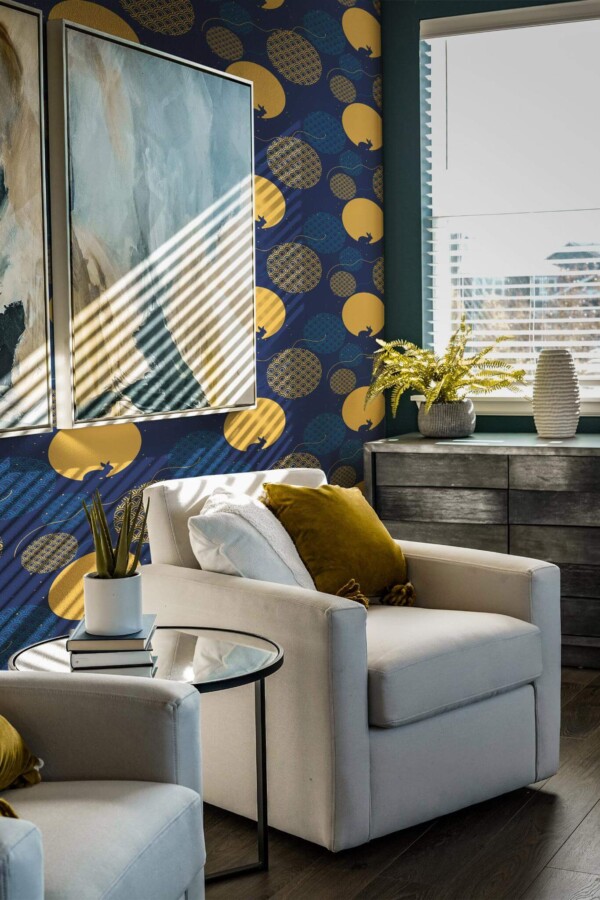 Shabby chic style living room decorated with Blue and yellow chinoiserie peel and stick wallpaper
