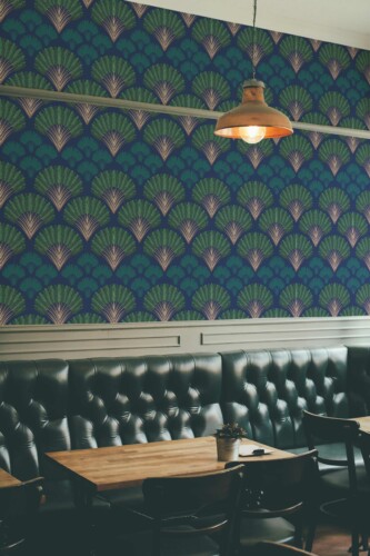 Removable wallpaper with Art Deco Palm design in blue from Fancy Walls.