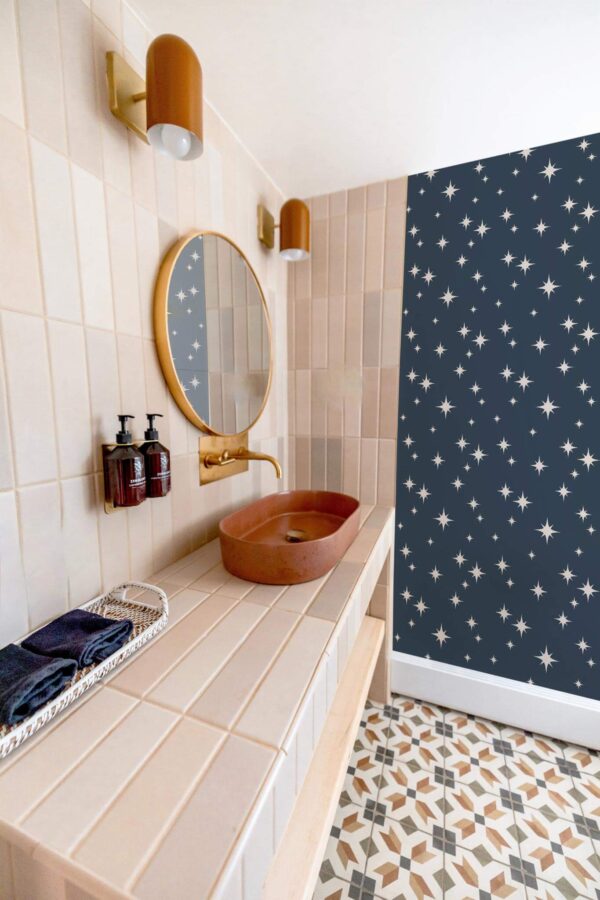 Rustic style bathroom decorated with Blue bathroom peel and stick wallpaper