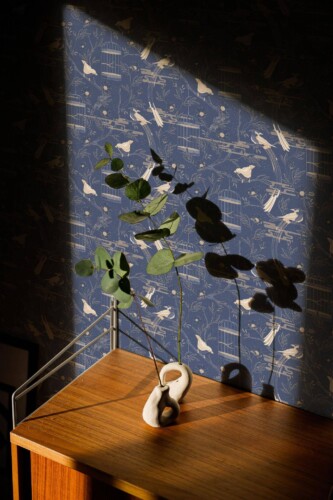 Mid-century style living room decorated with Blue birds peel and stick wallpaper