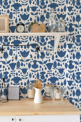 Light farmhouse style kitchen decorated with Blue boho floral peel and stick wallpaper