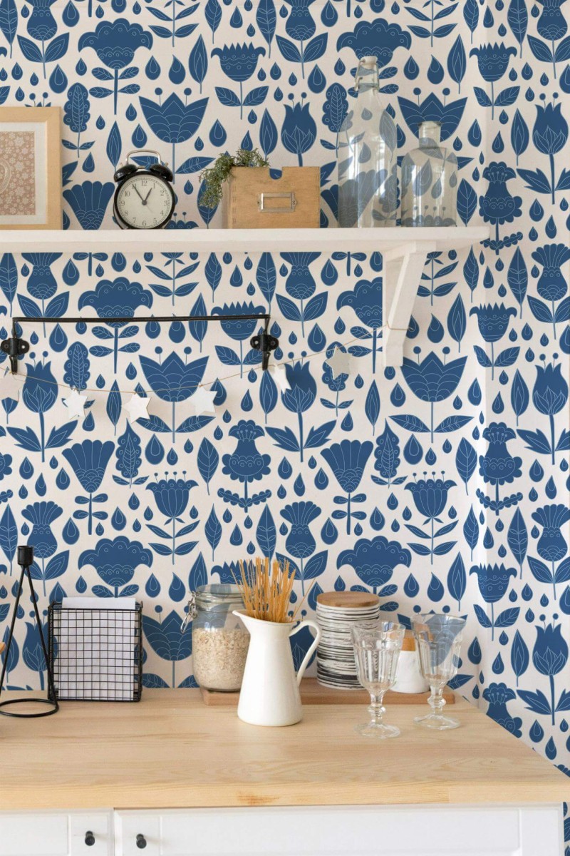 Light farmhouse style kitchen decorated with Blue boho floral peel and stick wallpaper