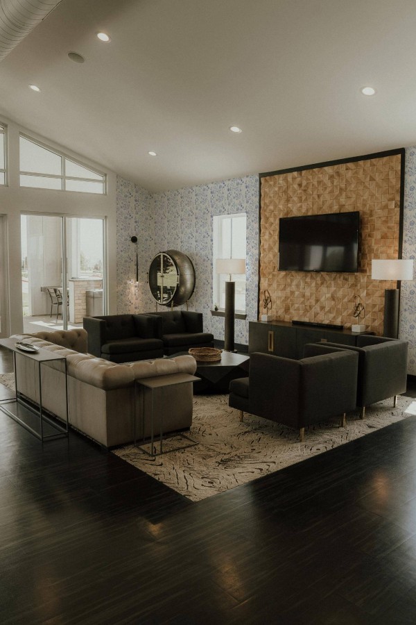 Hollywood glam style living room decorated with Blue Botanical peel and stick wallpaper