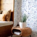Mid-century modern style bedroom decorated with Blue Botanical peel and stick wallpaper