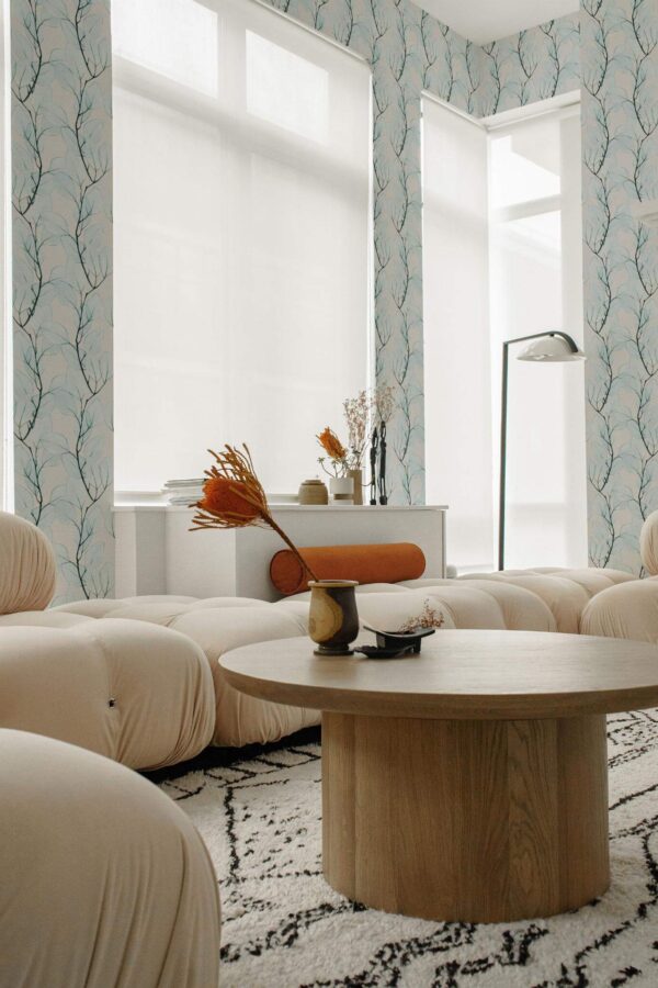 Contemporary style living room decorated with Blue branch peel and stick wallpaper