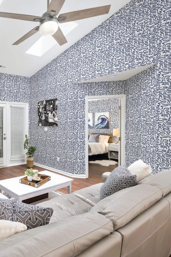 Coastal scandinavian style living room and bedroom decorated with Blue Brush stroke peel and stick wallpaper