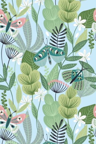 Fancy Walls traditional wallpaper featuring blue butterfly garden design