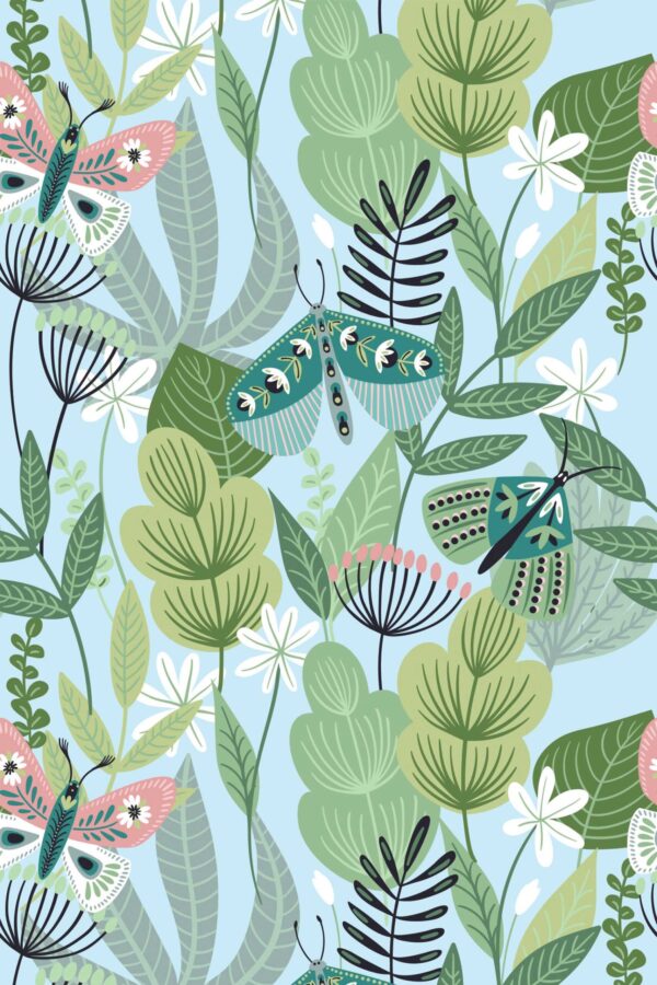 Fancy Walls traditional wallpaper featuring blue butterfly garden design