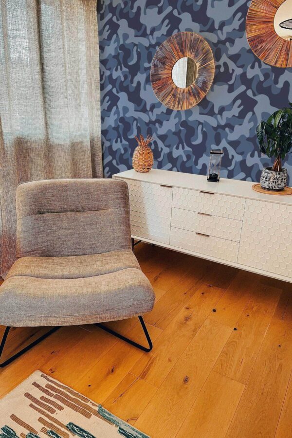 Modern style living room decorated with Blue camouflage peel and stick wallpaper