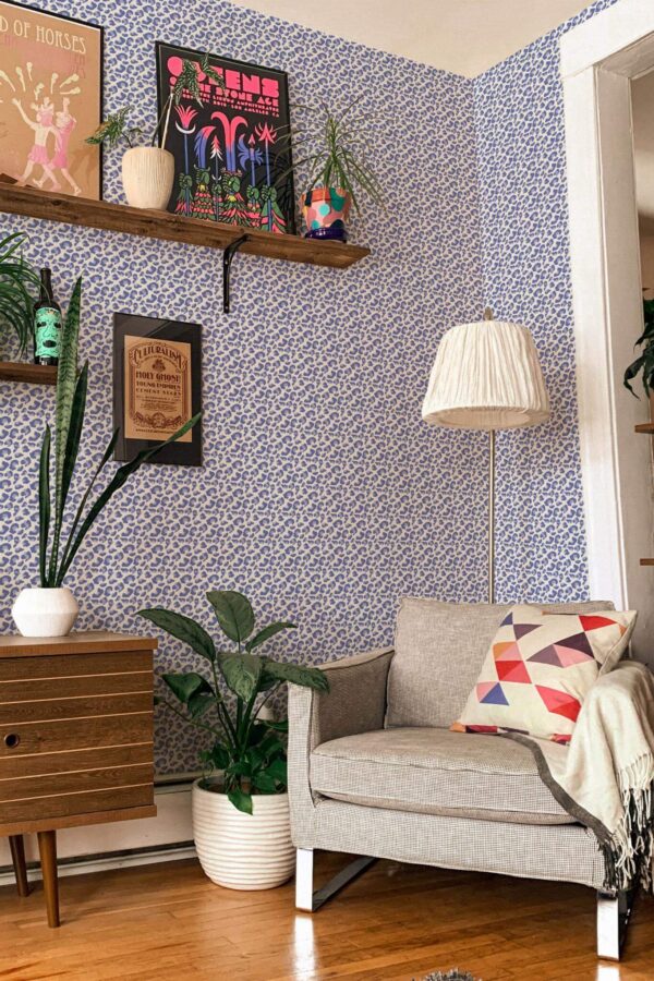 Eclectic style living room decorated with Blue cheetah print peel and stick wallpaper