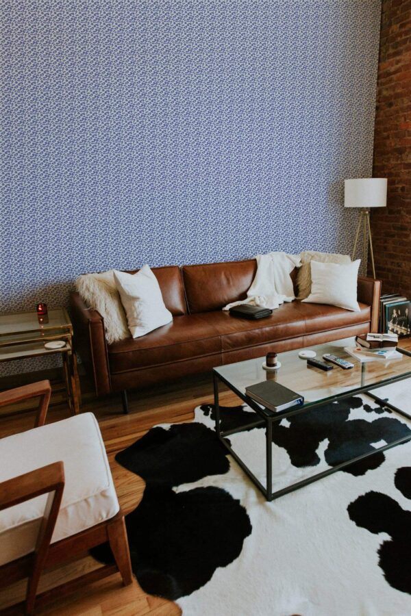 Mid-century modern style living room decorated with Blue cheetah print peel and stick wallpaper