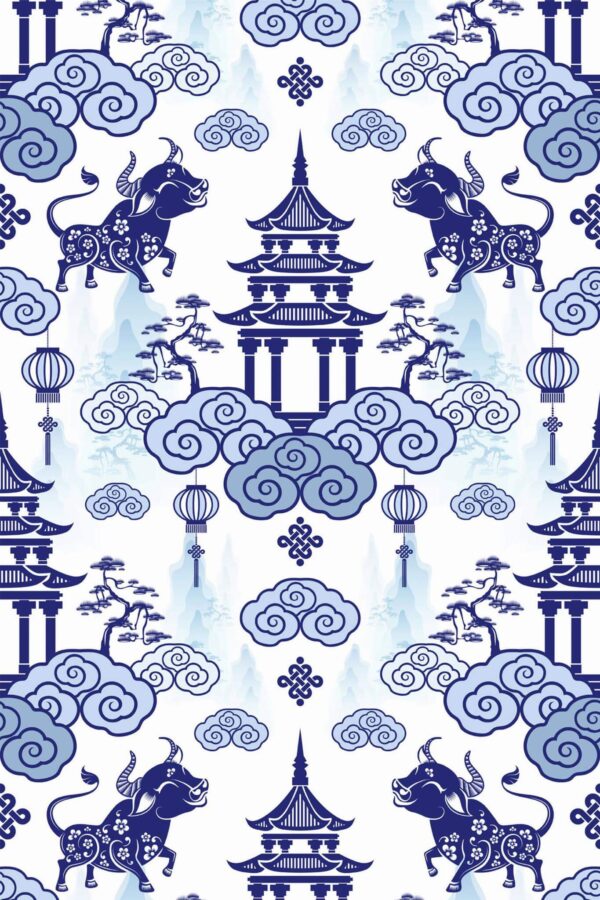 Pattern repeat of Blue china abstract removable wallpaper design
