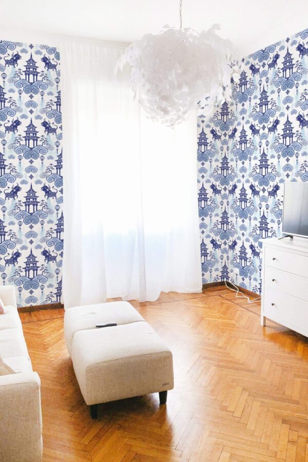 Modern boho style living room decorated with Blue china peel and stick wallpaper