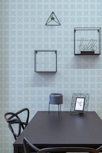 Industrial modern style dining room decorated with Blue circle pattern peel and stick wallpaper