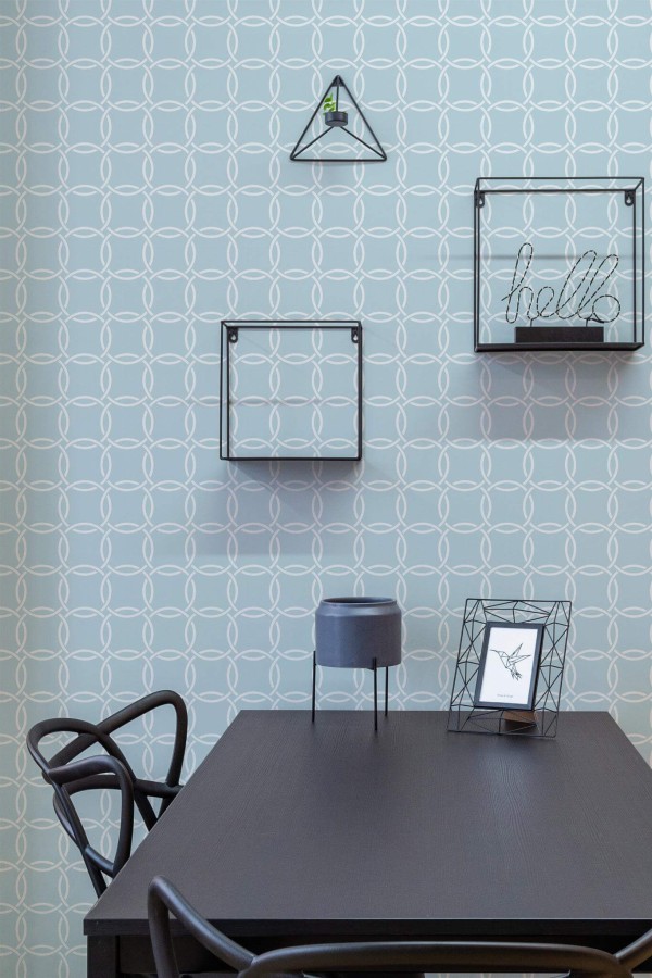 Industrial modern style dining room decorated with Blue circle pattern peel and stick wallpaper