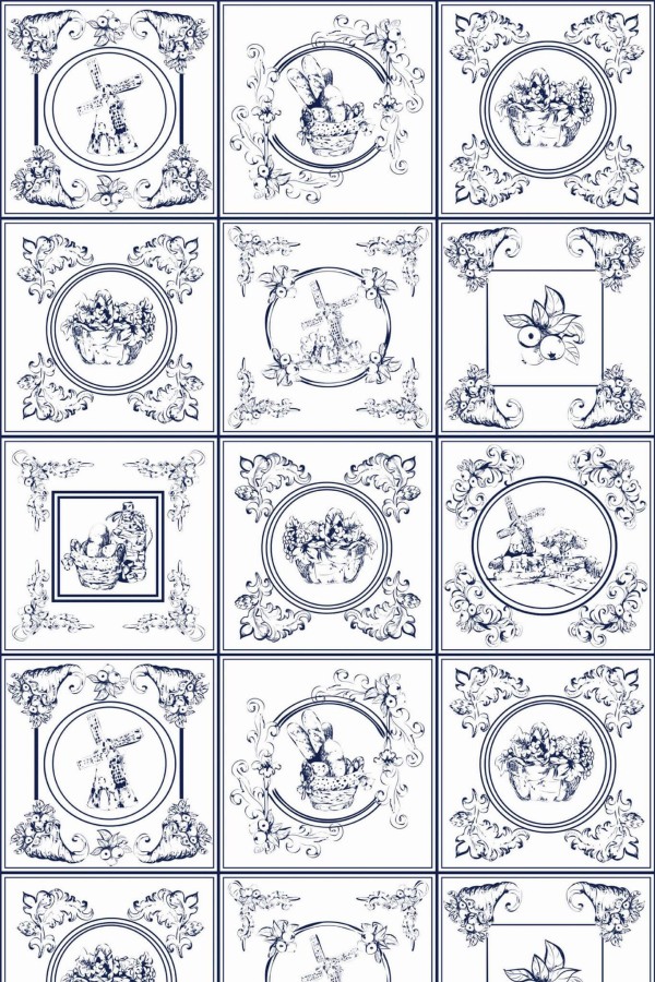 Pattern repeat of Blue delft tile removable wallpaper design
