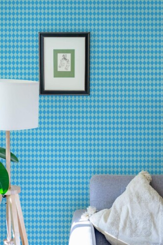 Eastern European style living room decorated with Blue diamond pattern peel and stick wallpaper