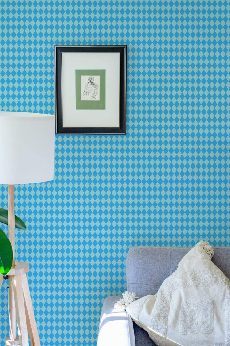 Eastern European style living room decorated with Blue diamond pattern peel and stick wallpaper