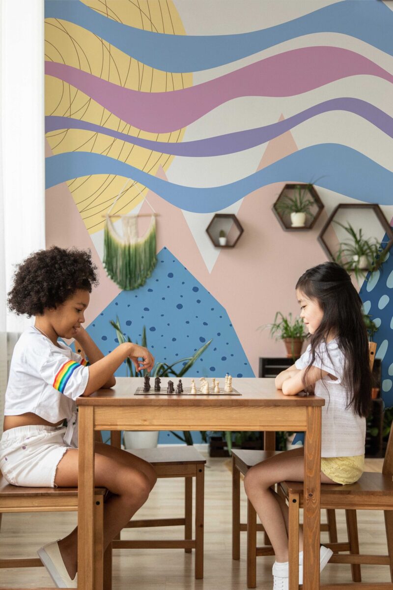Blue Mountains Wall Mural with colorful abstract mountain shapes in pastel tones, ideal for kids’ rooms, play areas, and modern creative interiors.