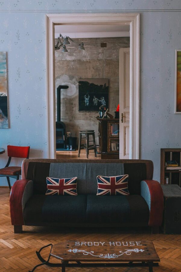 Industrial rustic style living dining room decorated with Blue elegant plant peel and stick wallpaper