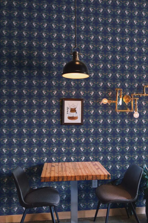 Traditional wallpaper with a blue Christmas birdie twist from Fancy Walls